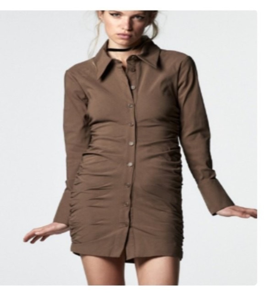 New Zara brown full button down shirt mini dress with ruching on sides XL